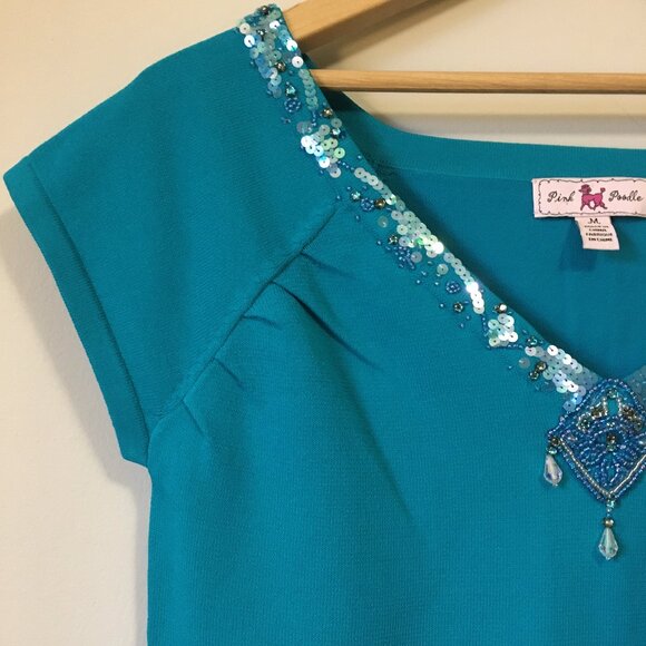 Pink Poodle Teal Mermaid Scale and Diamond Bead Cap Sleeve Top - Picture 3 of 16